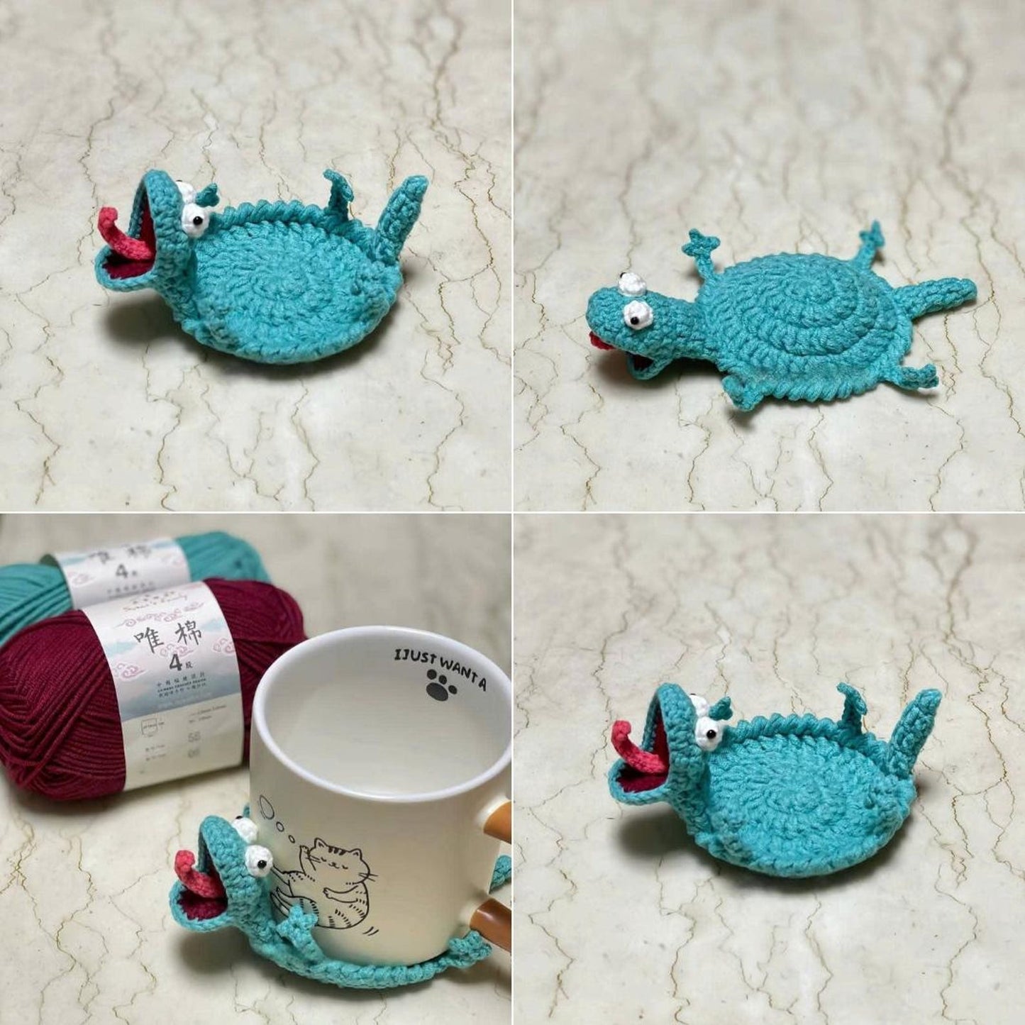 handmade funny crochet animal coasters with squirrel, frog, turtle, lizard, and mouse designs