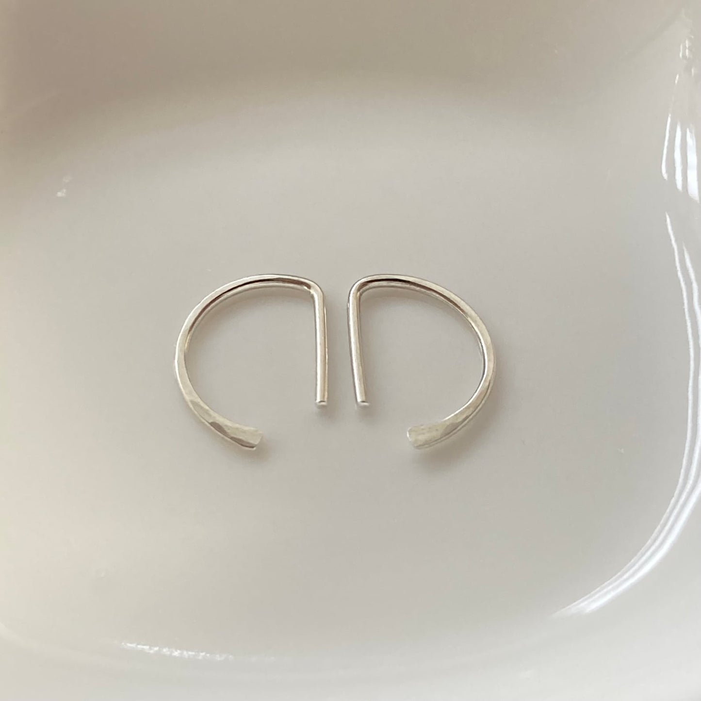 Hammered D sleeper earrings in 14k gold fill and Argentium silver minimalist half hoops