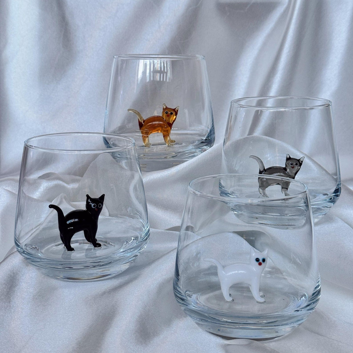 Handmade Murano glass cat stemless wine glass with 3D cat figurine