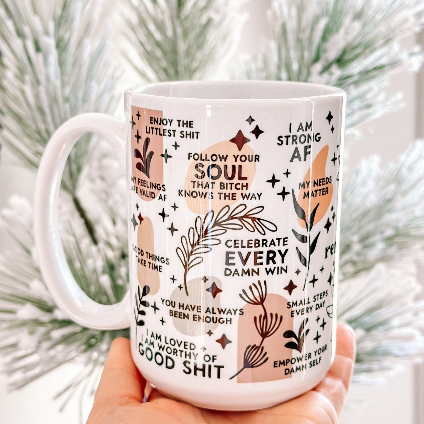 Clear glass mug with daily affirmations print for mental health and positivity