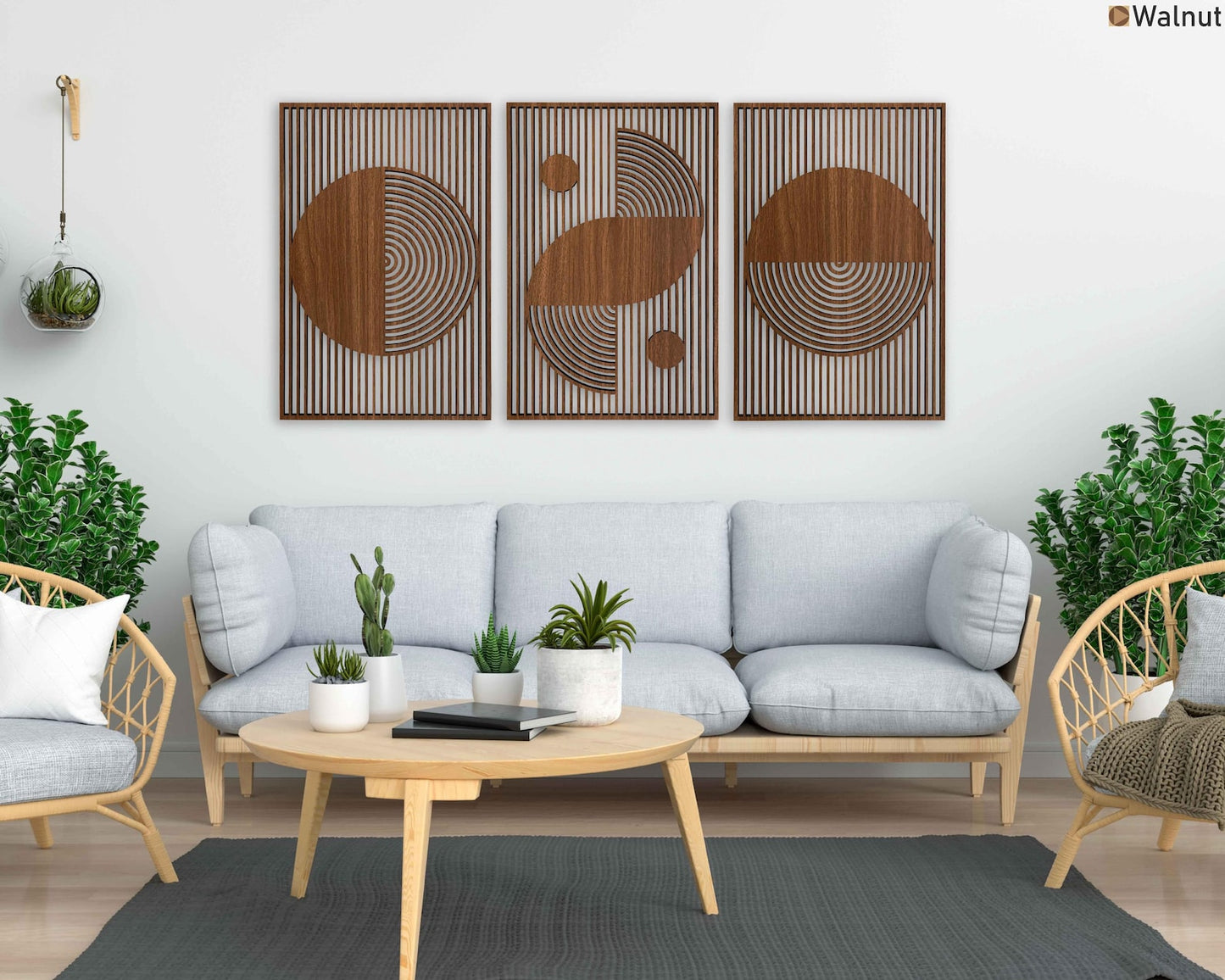 Abstract boho wood wall art with Bauhaus geometric design in 3 wooden panels