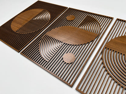 Abstract boho wood wall art with Bauhaus geometric design in 3 wooden panels