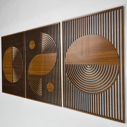 Abstract boho wood wall art with Bauhaus geometric design in 3 wooden panels