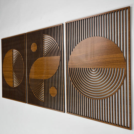 Abstract boho wood wall art with Bauhaus geometric design in 3 wooden panels