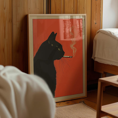 black cat smoking cigarette vintage whimsical wall art poster