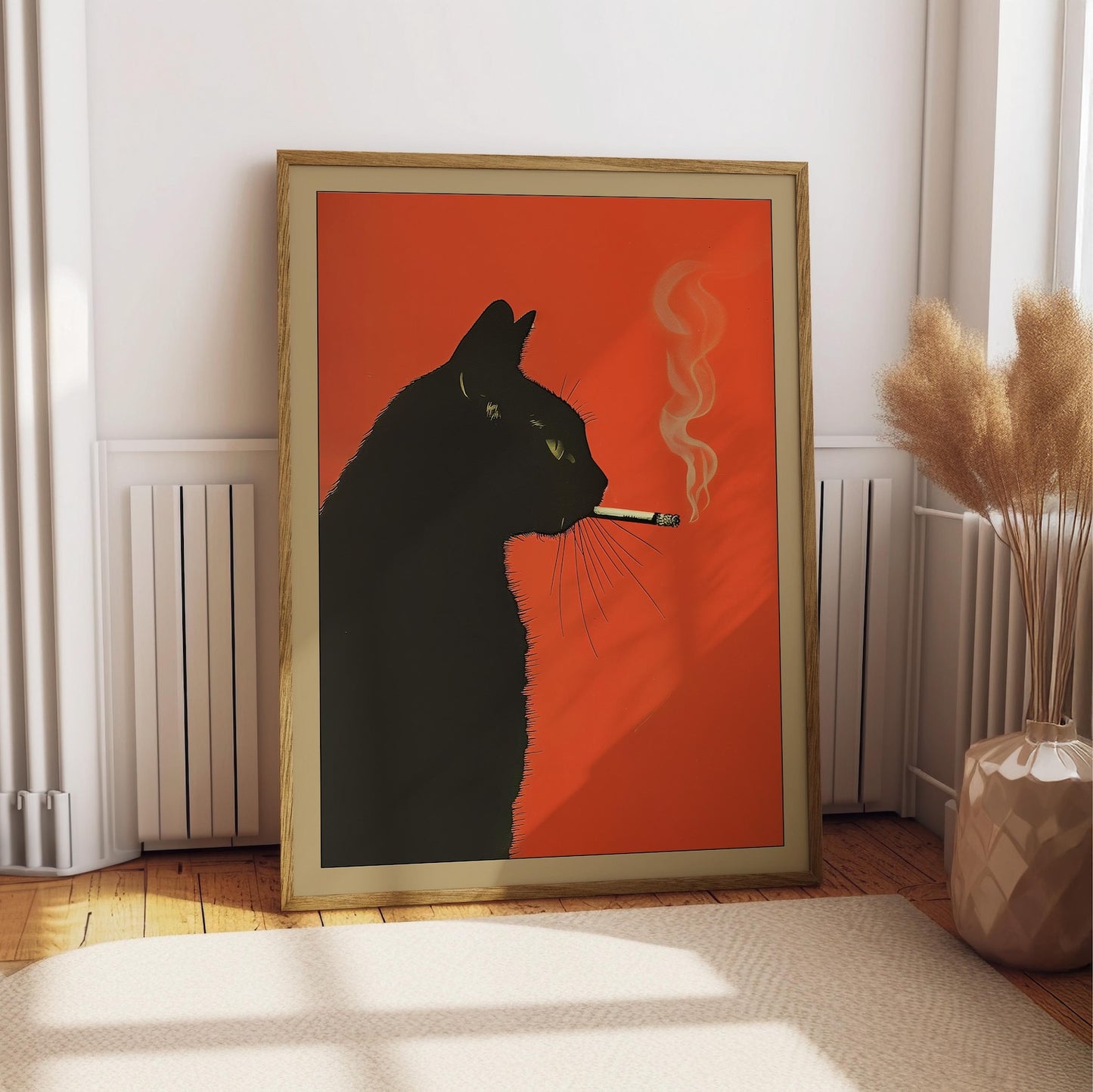 black cat smoking cigarette vintage whimsical wall art poster