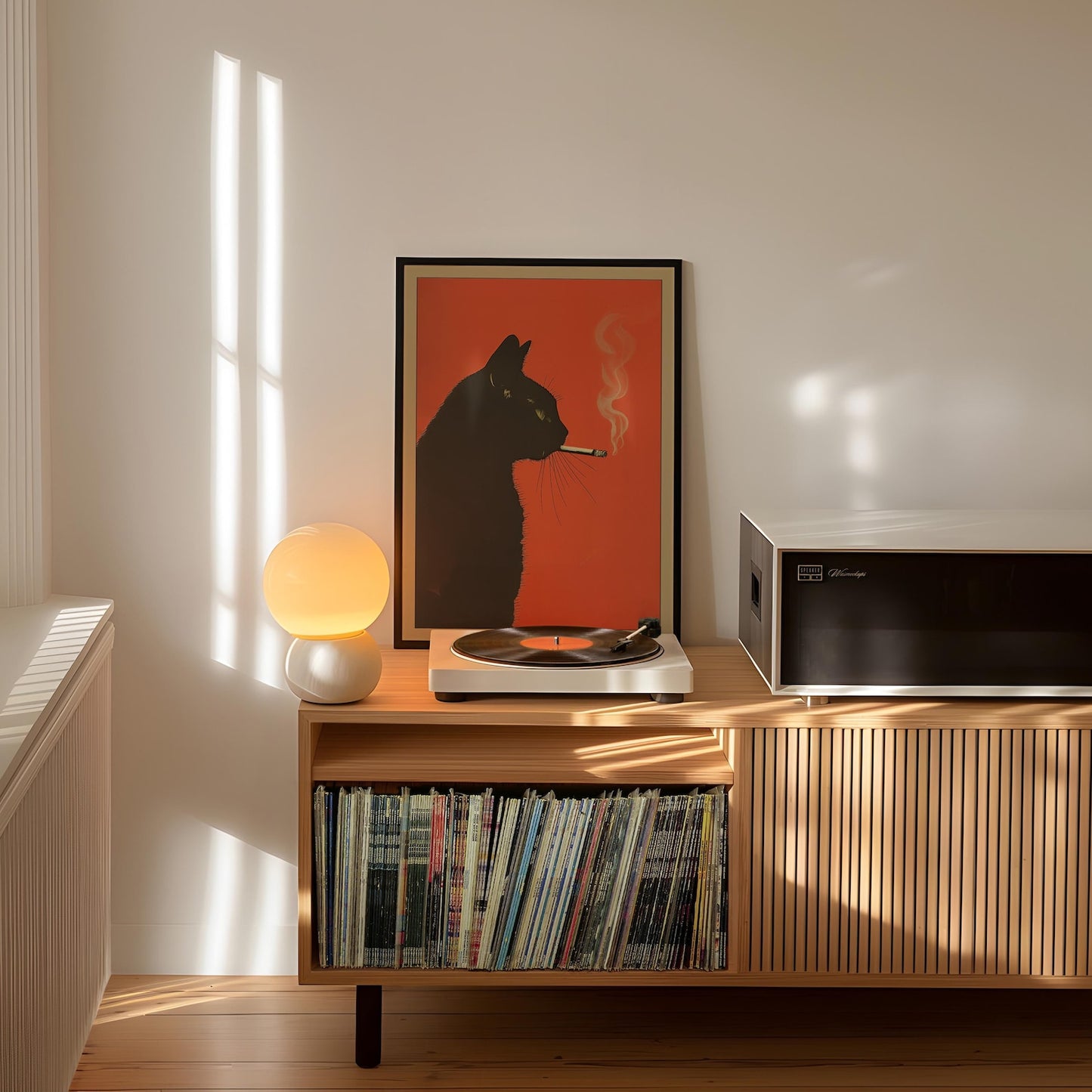 black cat smoking cigarette vintage whimsical wall art poster