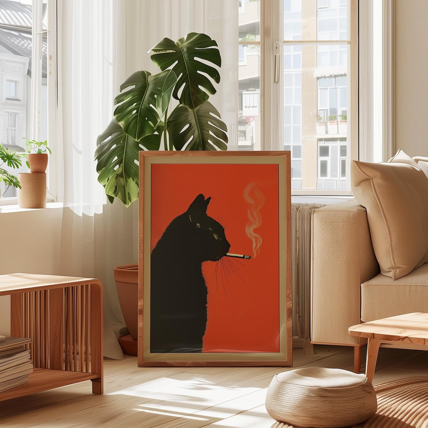 black cat smoking cigarette vintage whimsical wall art poster