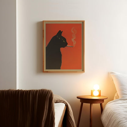 black cat smoking cigarette vintage whimsical wall art poster