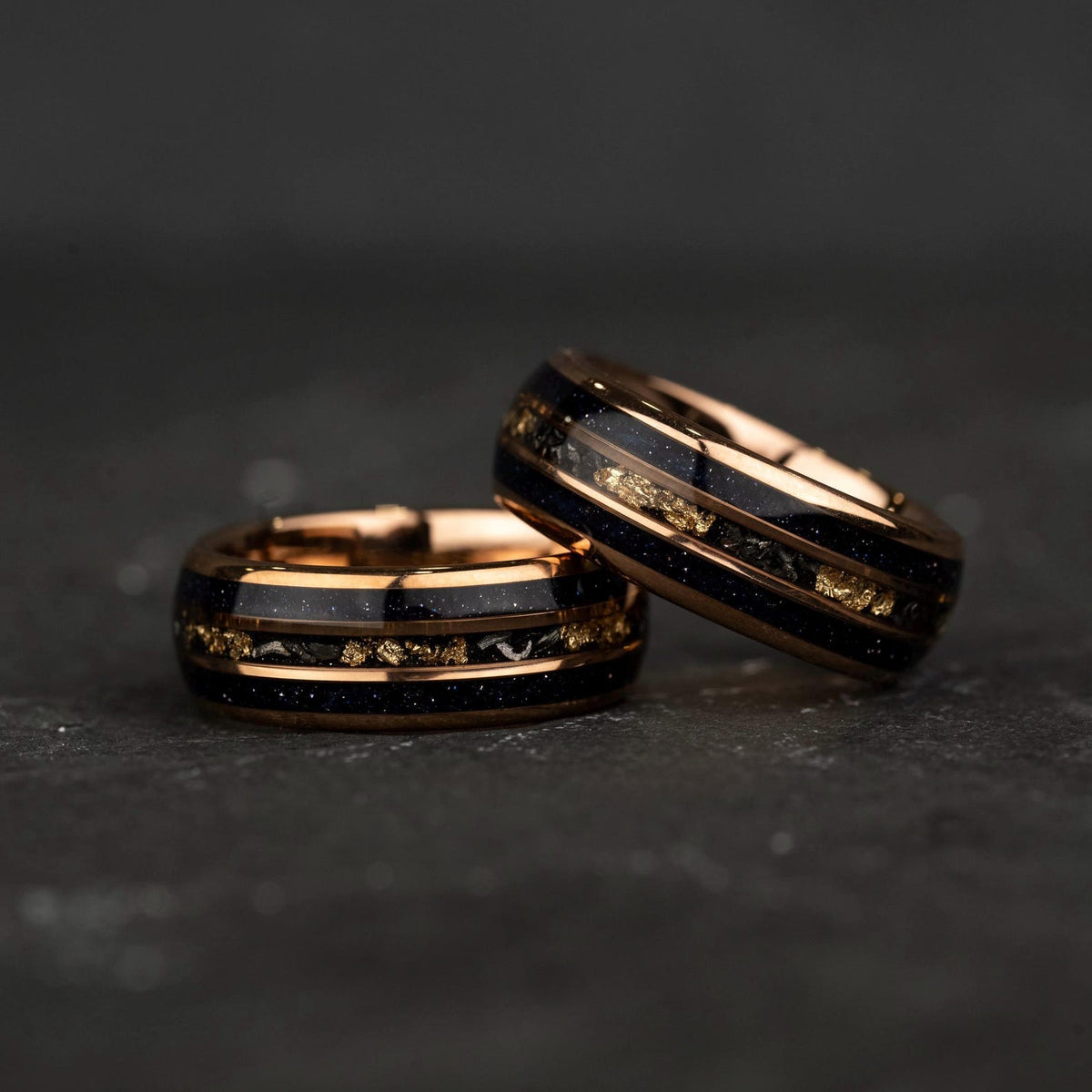8mm blue opal meteorite tungsten ring with 24K rose gold leaf inlay for men