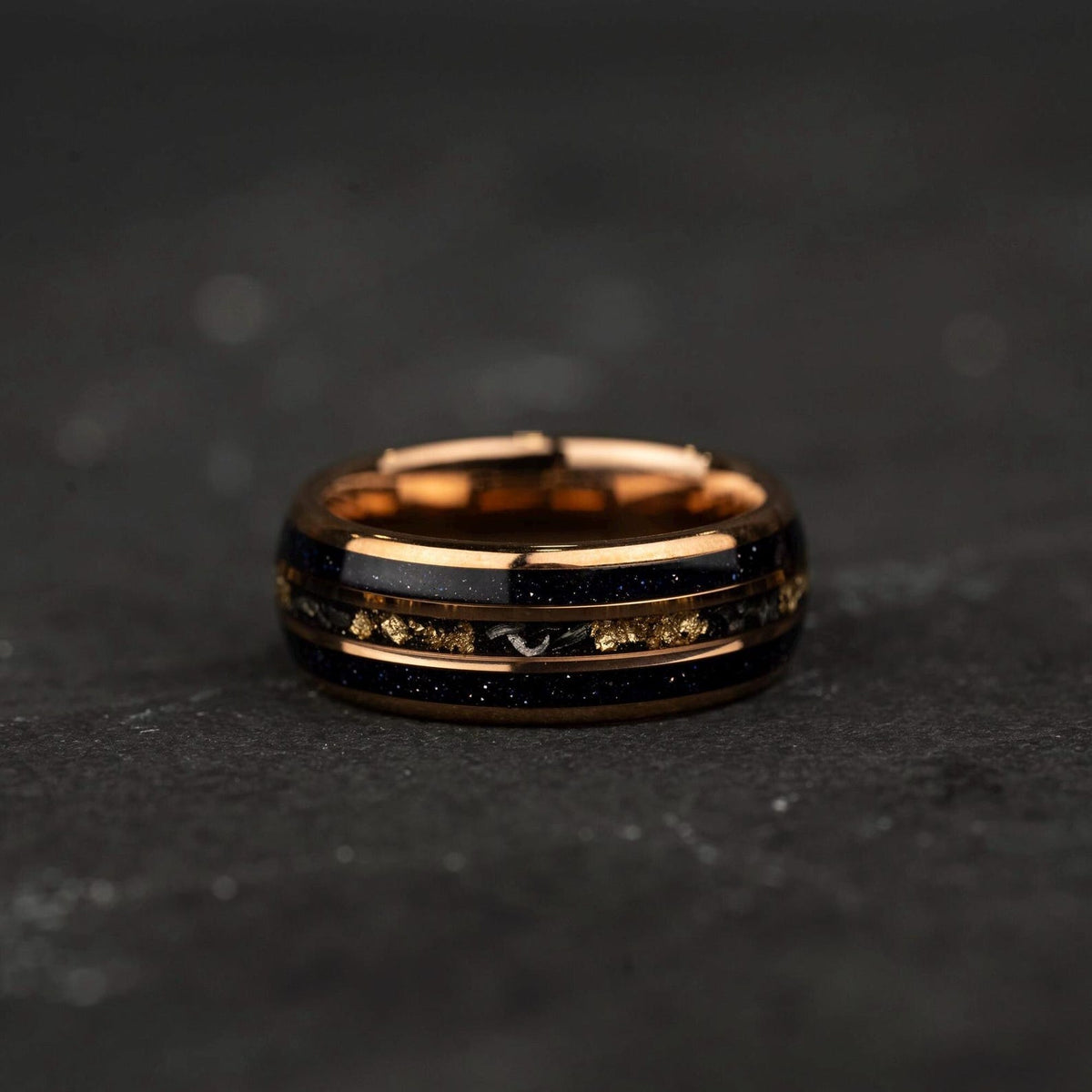 8mm blue opal meteorite tungsten ring with 24K rose gold leaf inlay for men