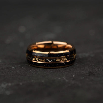 8mm blue opal meteorite tungsten ring with 24K rose gold leaf inlay for men