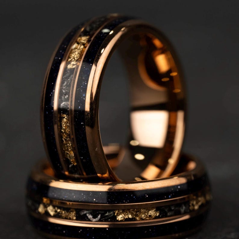 8mm blue opal meteorite tungsten ring with 24K rose gold leaf inlay for men