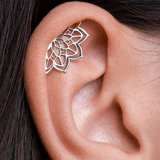boho silver lotus mandala helix earring for cartilage piercing