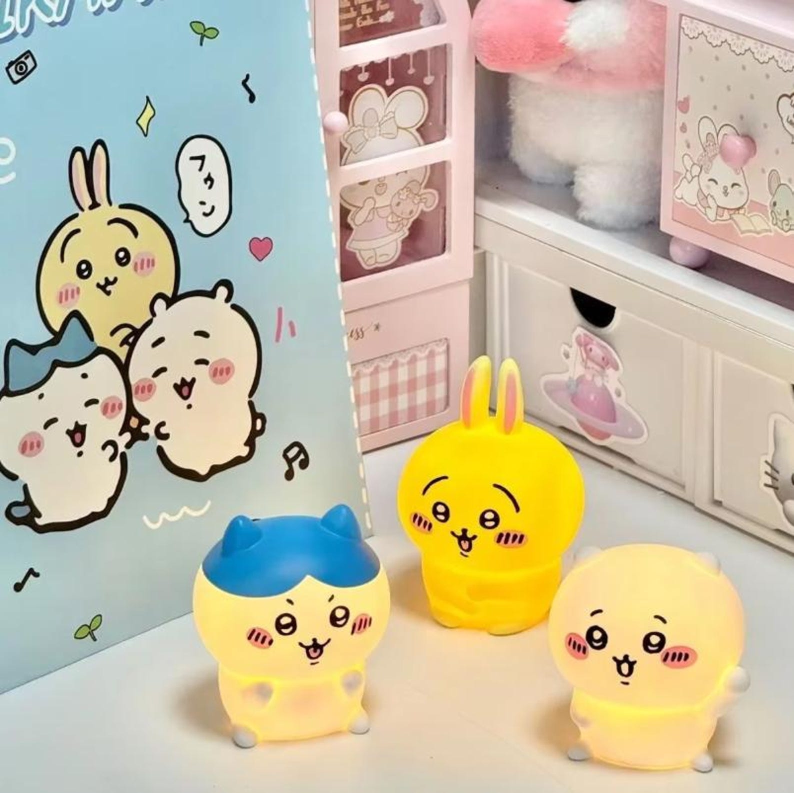 Chiikawa anime LED night light glowing on desk
