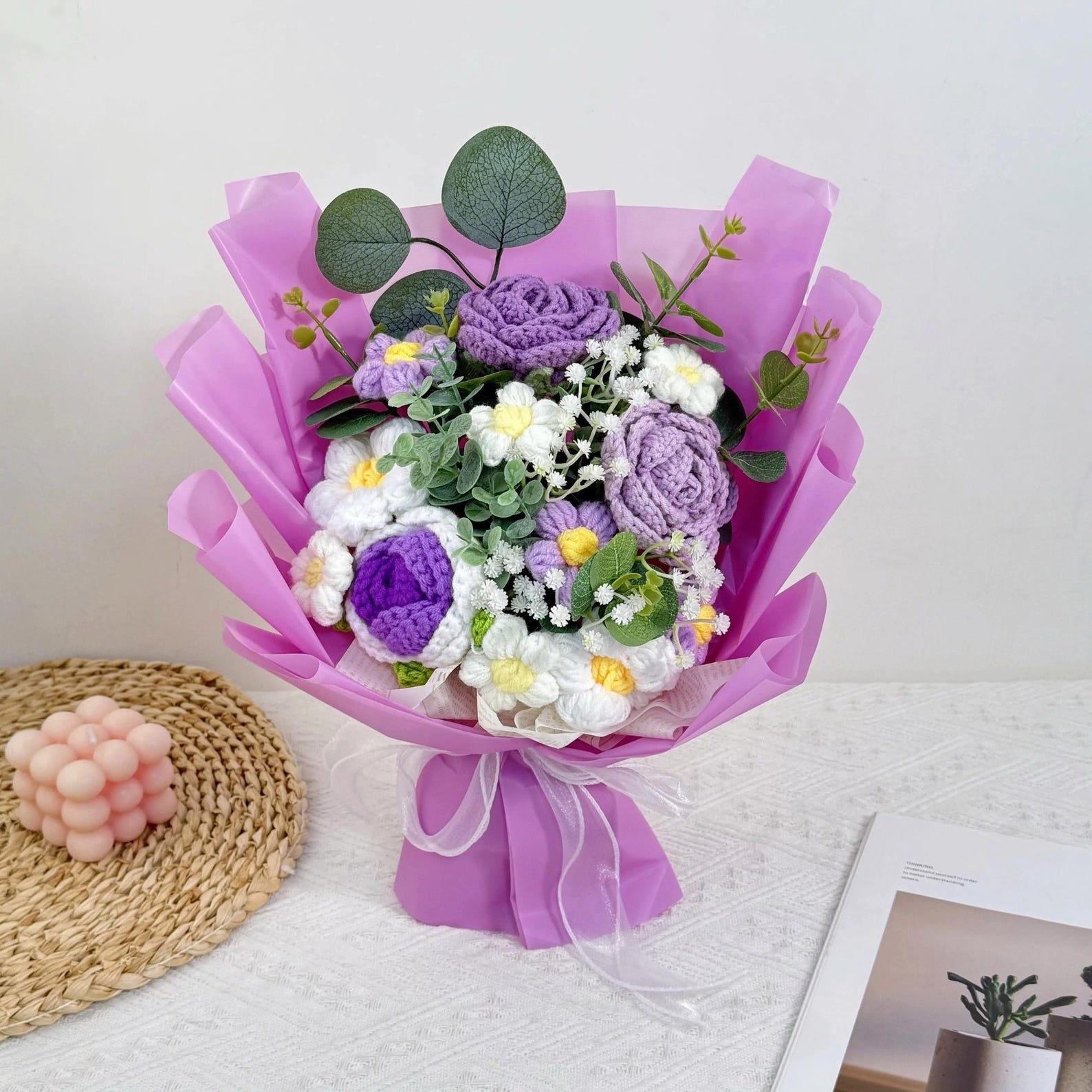 handmade crochet rose bouquet with pink yarn flowers and green stems