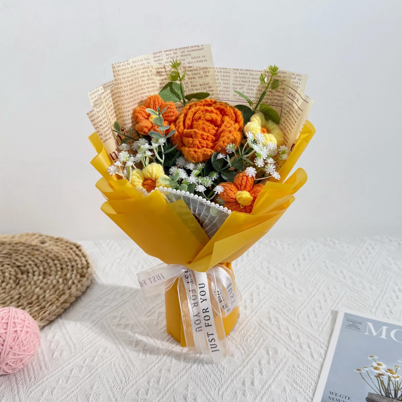 handmade crochet rose bouquet with pink yarn flowers and green stems