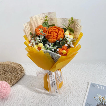 handmade crochet rose bouquet with pink yarn flowers and green stems