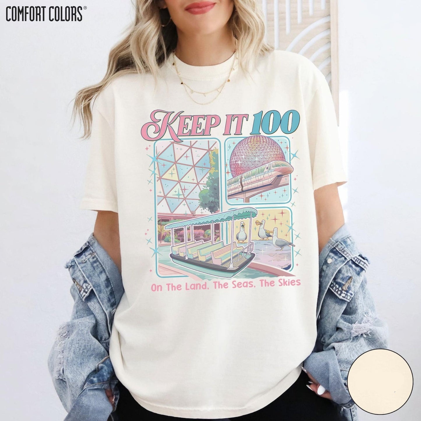 Epcot inspired Keep It 100 Comfort Colors shirt with The Land The Seas The Skies design