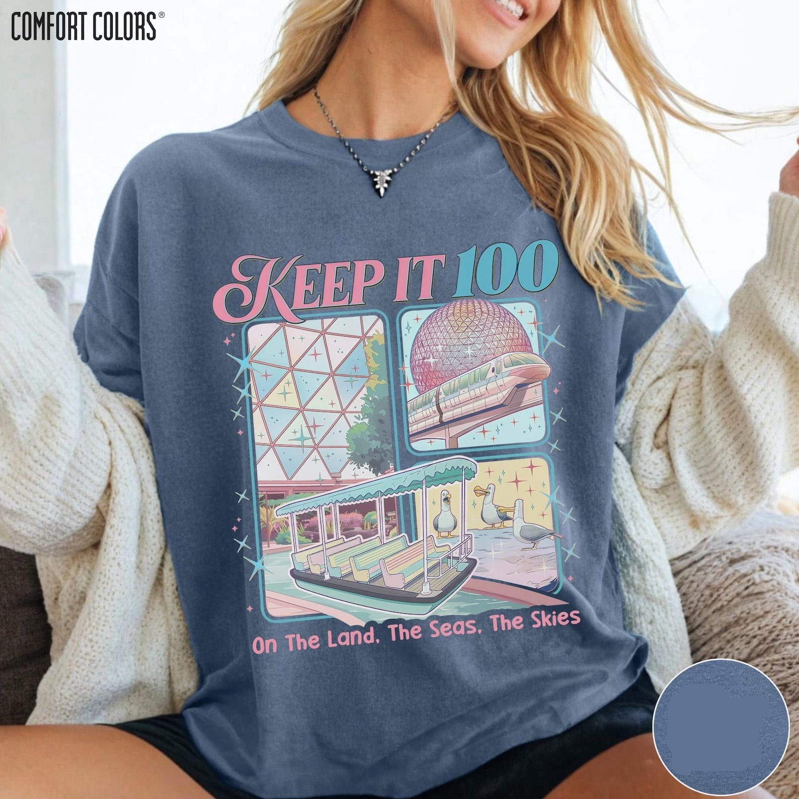 Epcot inspired Keep It 100 Comfort Colors shirt with The Land The Seas The Skies design