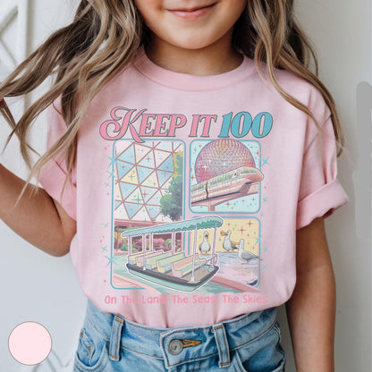 Epcot inspired Keep It 100 Comfort Colors shirt with The Land The Seas The Skies design