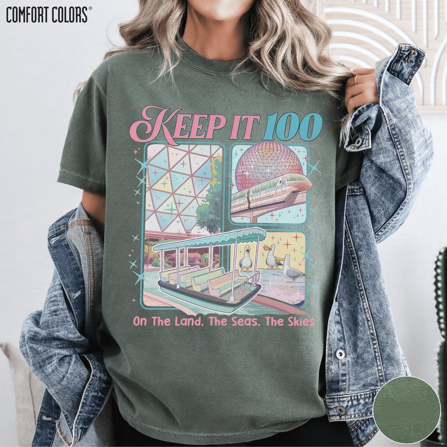 Epcot inspired Keep It 100 Comfort Colors shirt with The Land The Seas The Skies design