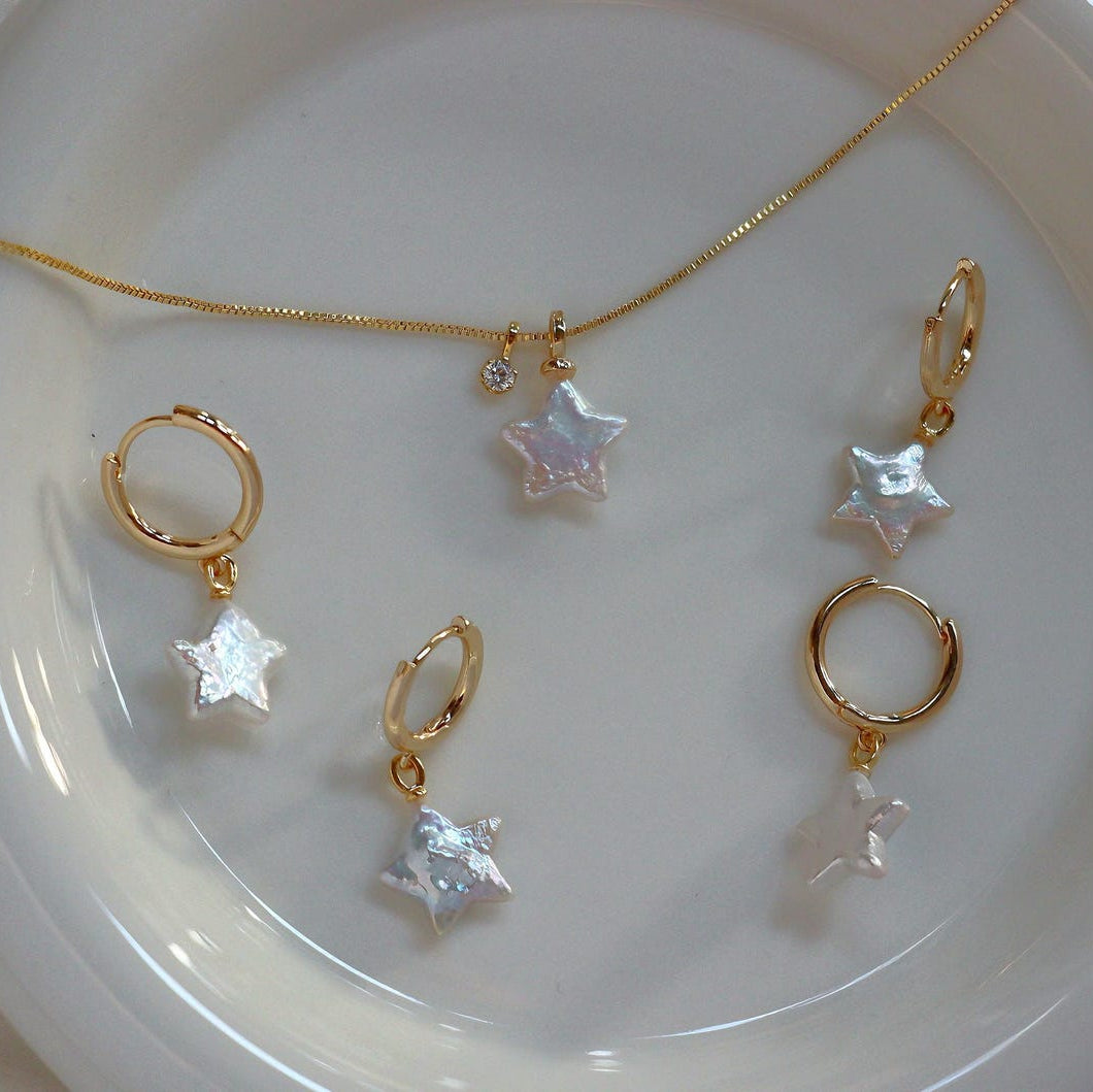 12mm freshwater star moon pearl hoop earrings with iridescent baroque pearl celestial detail