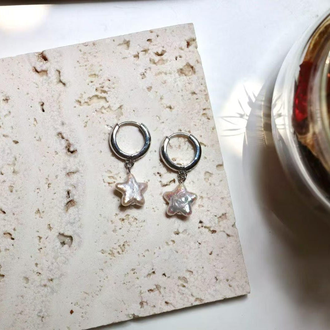 12mm freshwater star moon pearl hoop earrings with iridescent baroque pearl celestial detail