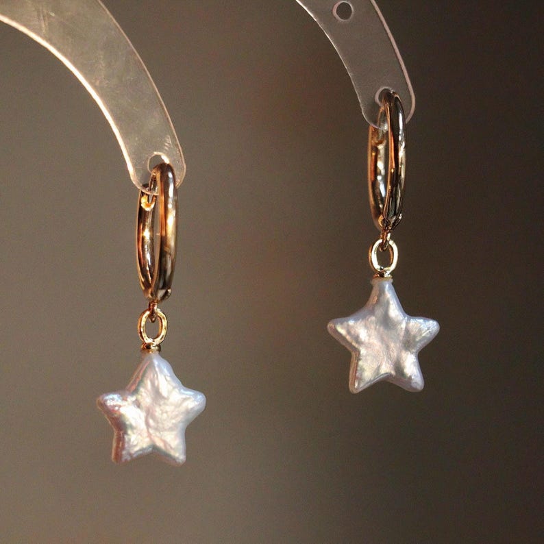 12mm freshwater star moon pearl hoop earrings with iridescent baroque pearl celestial detail