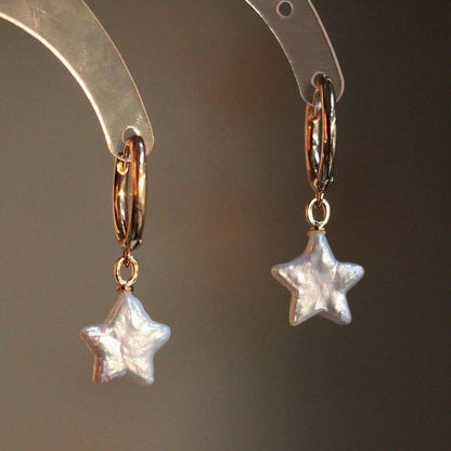 12mm freshwater star moon pearl hoop earrings with iridescent baroque pearl celestial detail