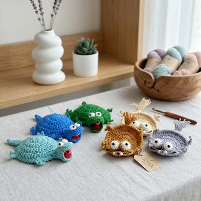 handmade funny crochet animal coasters with squirrel, frog, turtle, lizard, and mouse designs