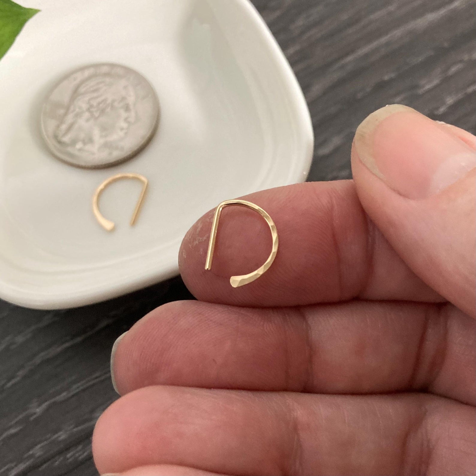 Hammered D sleeper earrings in 14k gold fill and Argentium silver minimalist half hoops