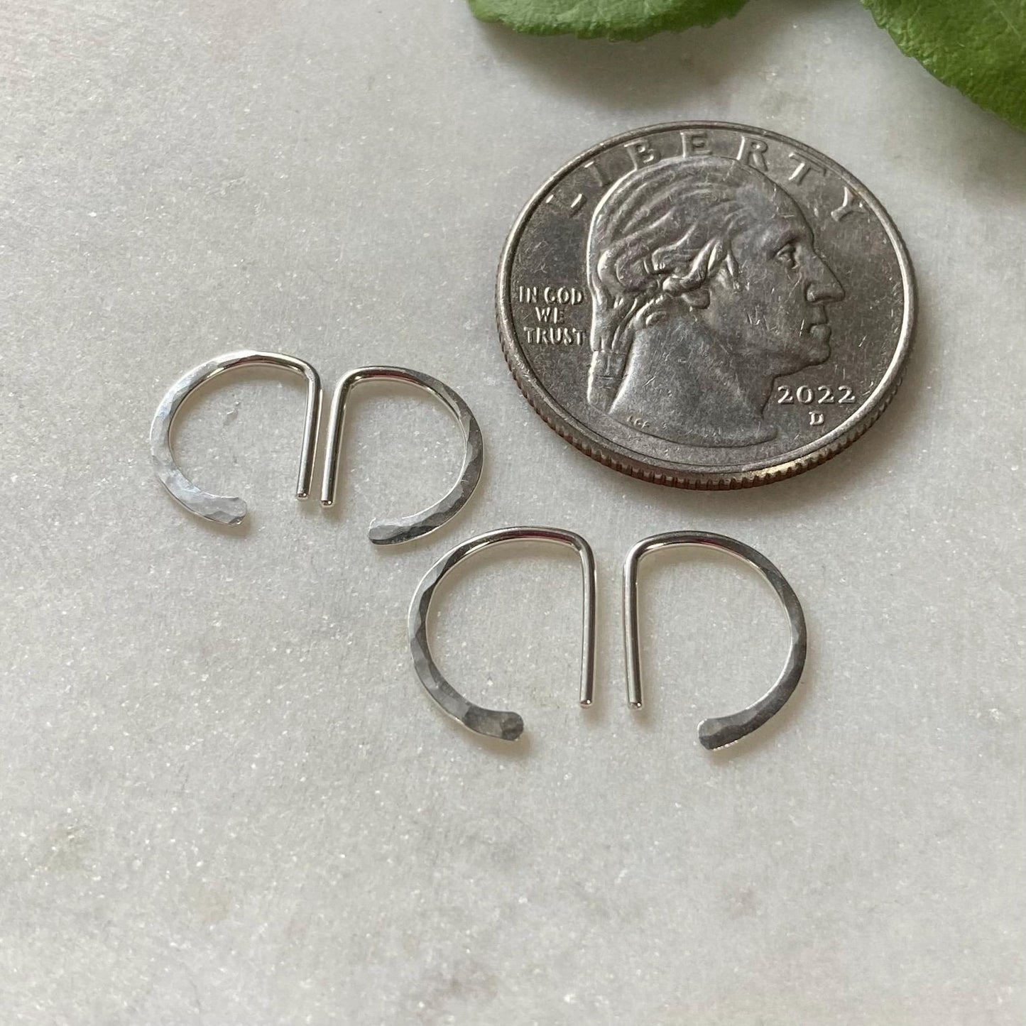 Hammered D sleeper earrings in 14k gold fill and Argentium silver minimalist half hoops