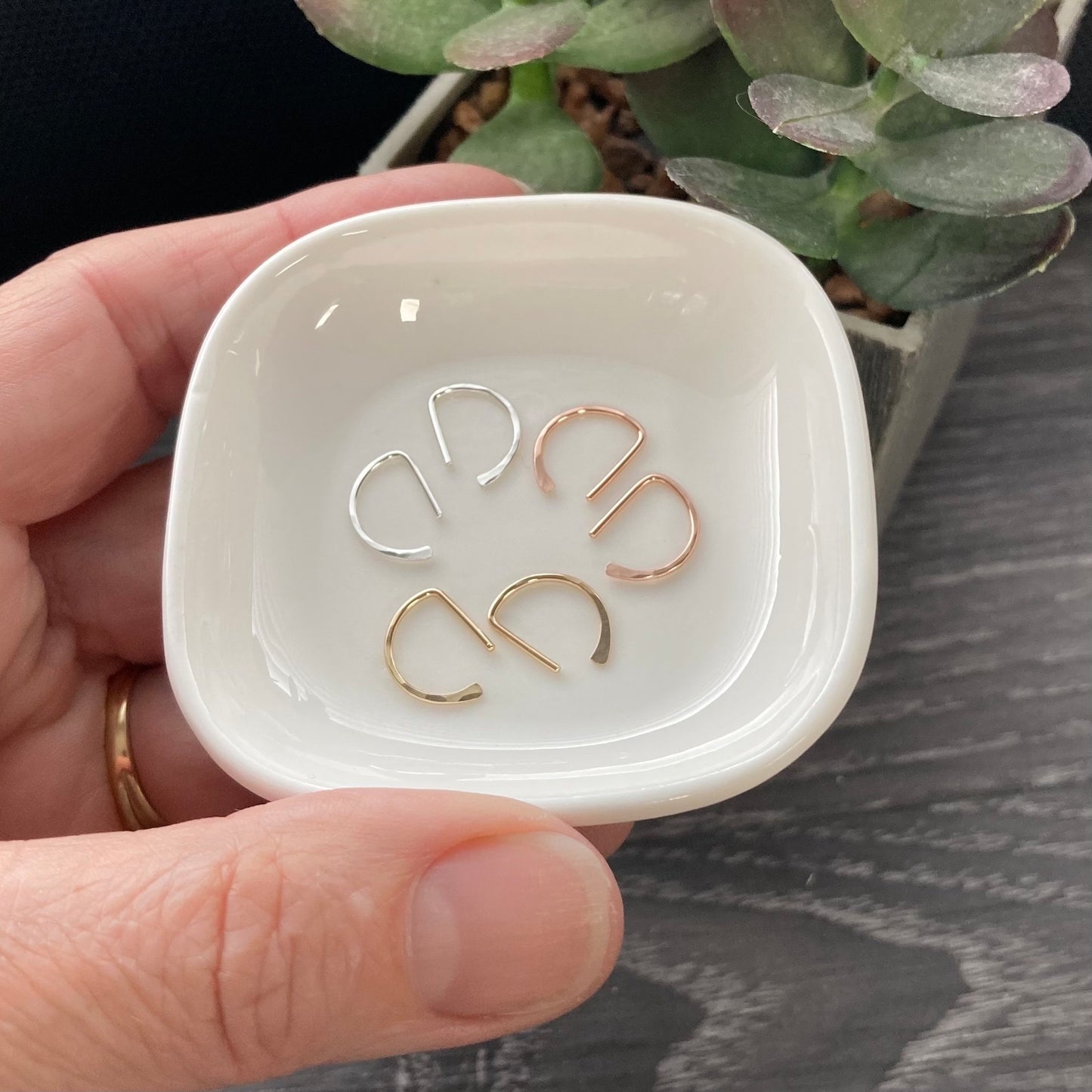 Hammered D sleeper earrings in 14k gold fill and Argentium silver minimalist half hoops
