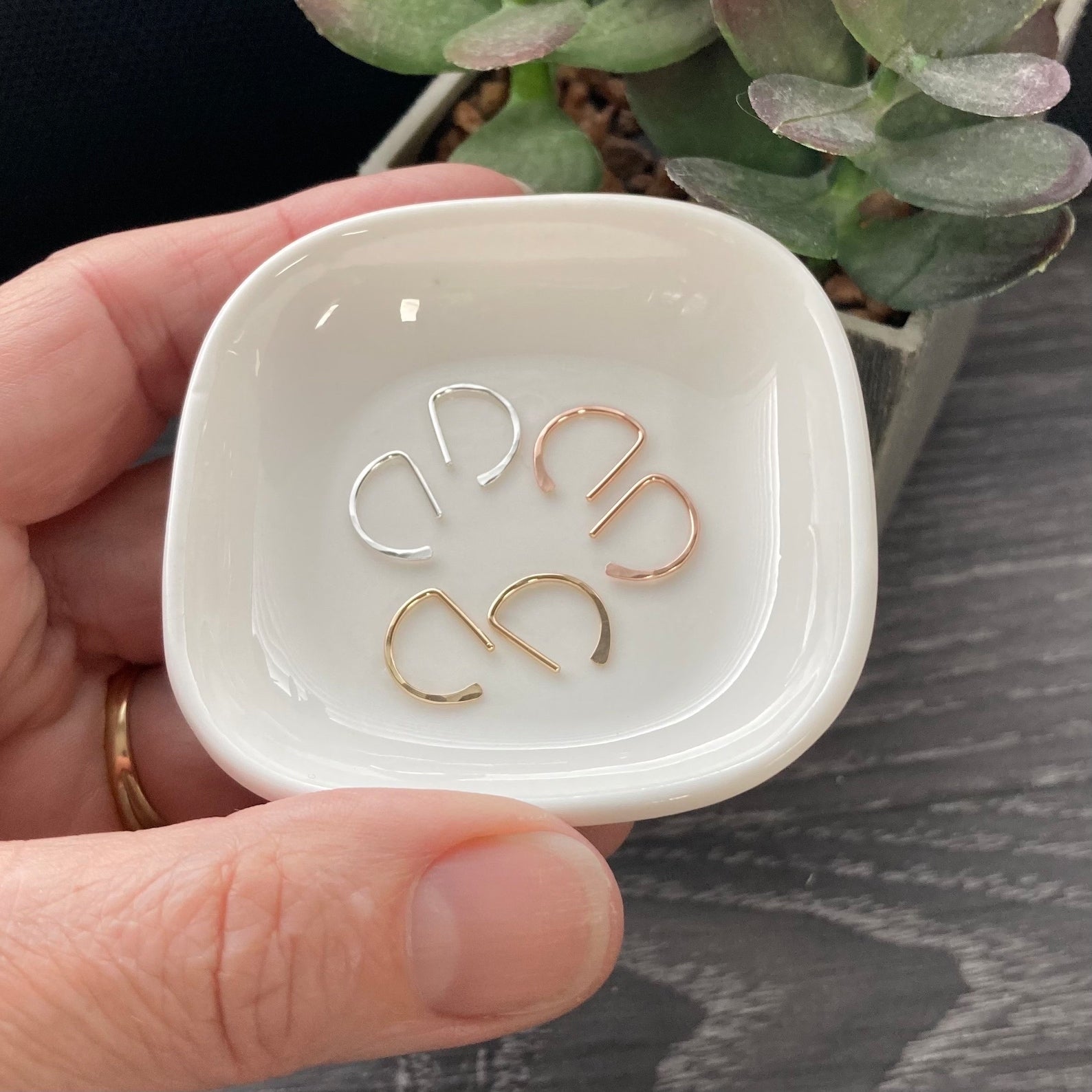 Hammered D sleeper earrings in 14k gold fill and Argentium silver minimalist half hoops