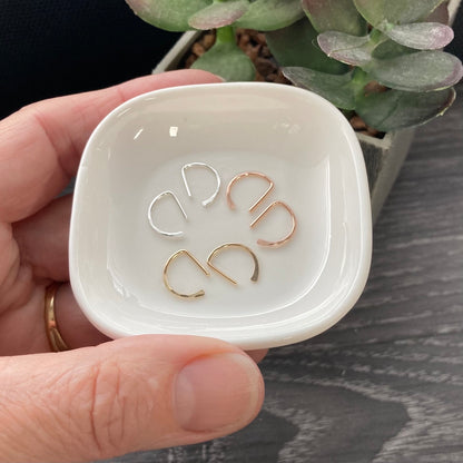 Hammered D sleeper earrings in 14k gold fill and Argentium silver minimalist half hoops