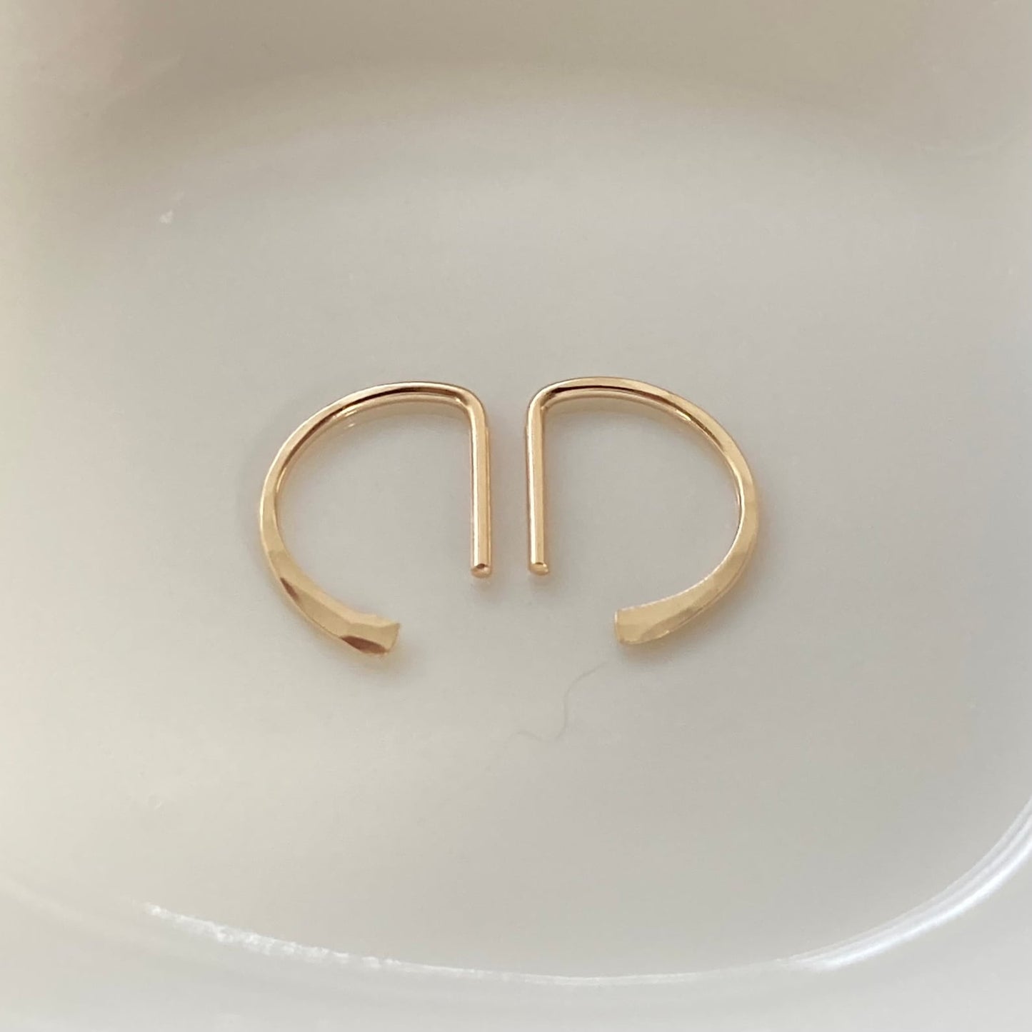 Hammered D sleeper earrings in 14k gold fill and Argentium silver minimalist half hoops