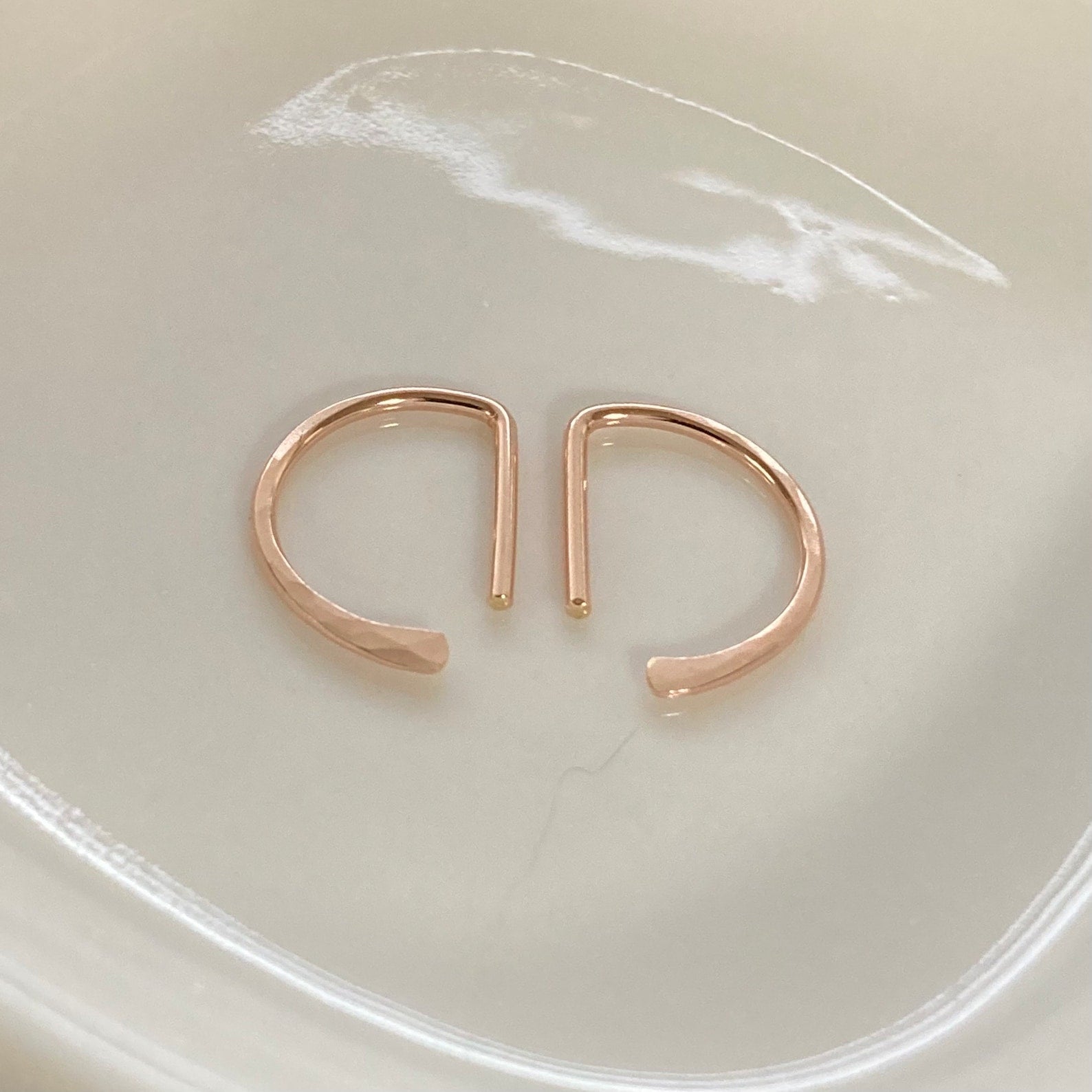 Hammered D sleeper earrings in 14k gold fill and Argentium silver minimalist half hoops