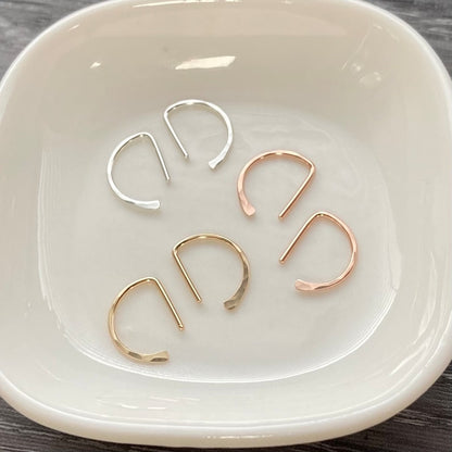 Hammered D sleeper earrings in 14k gold fill and Argentium silver minimalist half hoops