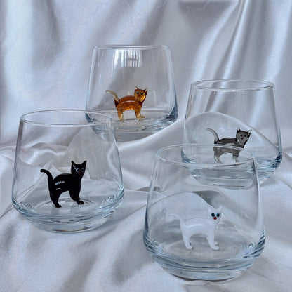 Handmade Murano glass cat stemless wine glass with 3D cat figurine