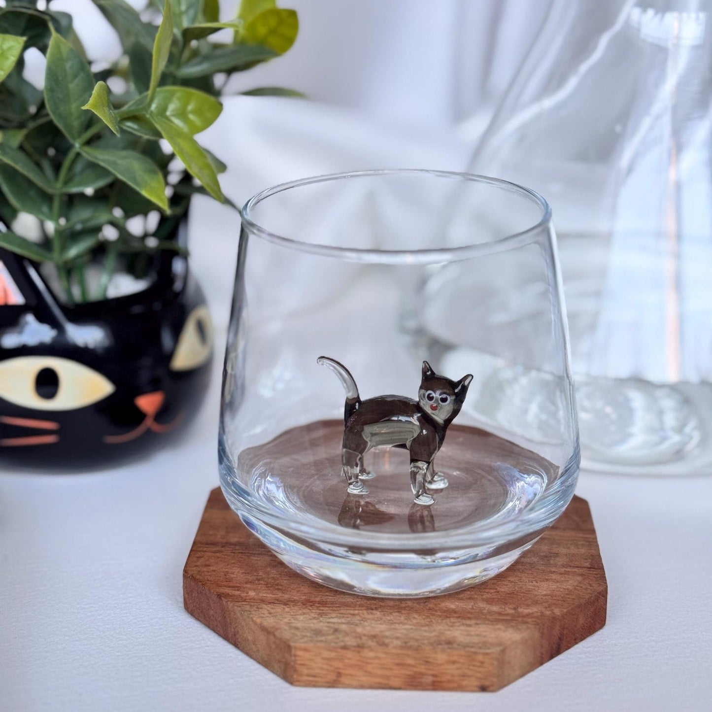 Handmade Murano glass cat stemless wine glass with 3D cat figurine