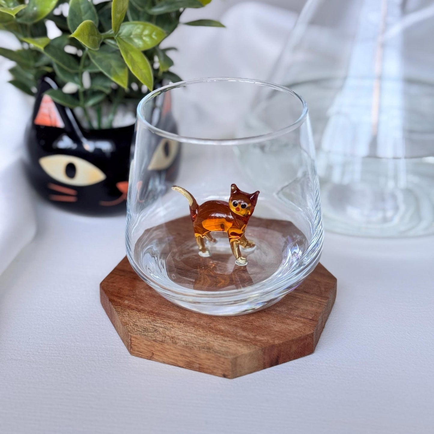 Handmade Murano glass cat stemless wine glass with 3D cat figurine
