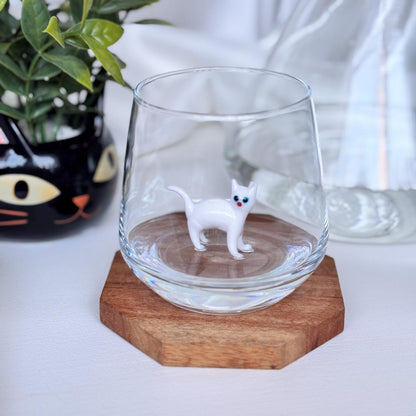 Handmade Murano glass cat stemless wine glass with 3D cat figurine