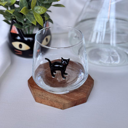 Handmade Murano glass cat stemless wine glass with 3D cat figurine