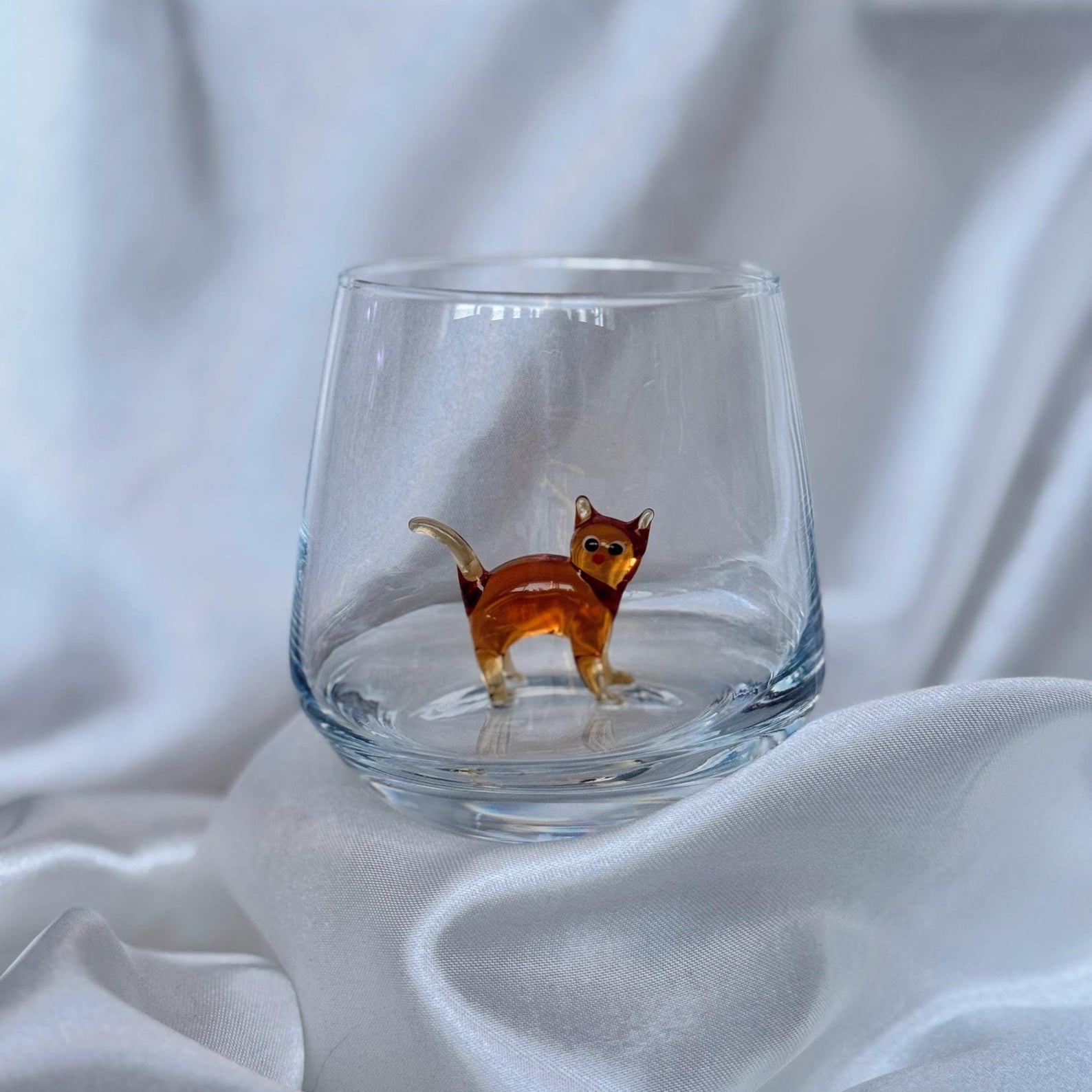 Handmade Murano glass cat stemless wine glass with 3D cat figurine