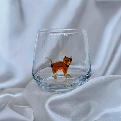Handmade Murano glass cat stemless wine glass with 3D cat figurine