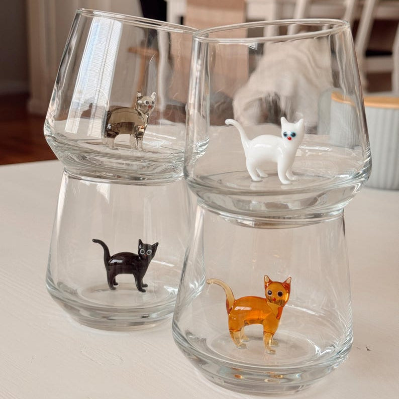 Handmade Murano glass cat stemless wine glass with 3D cat figurine