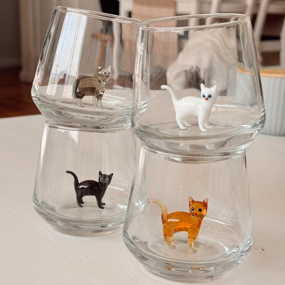 Handmade Murano glass cat stemless wine glass with 3D cat figurine
