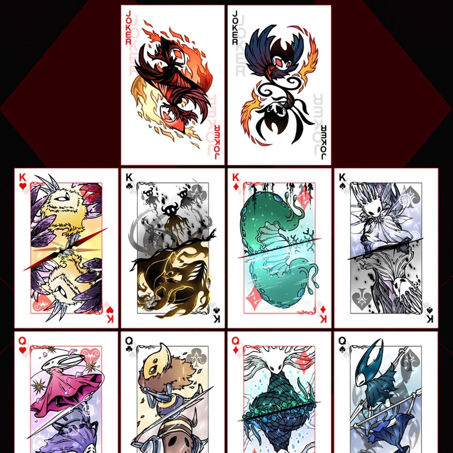 Hollow Knight inspired black and white poker playing card deck with custom fan-made designs