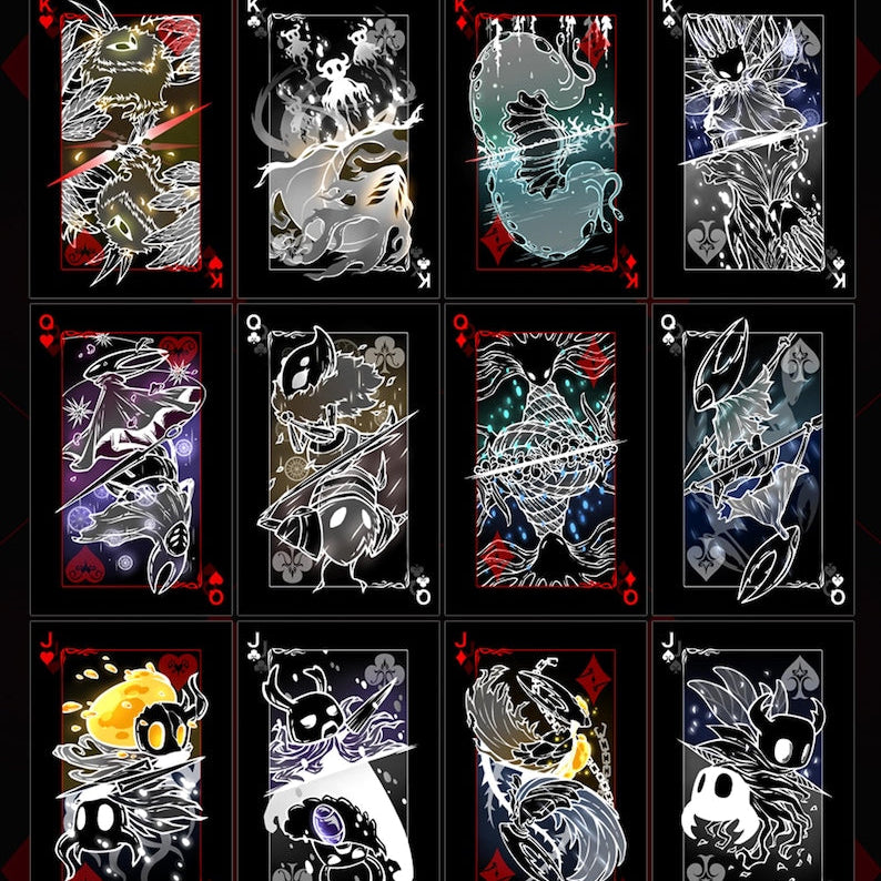 Hollow Knight inspired black and white poker playing card deck with custom fan-made designs